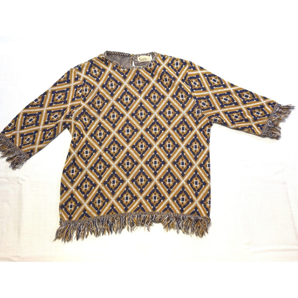 Vintage 70s Beeline Fashions Knit Sweater Fringe‎ Hem Geometric Small